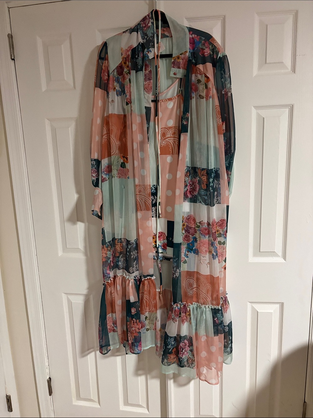 Sheer Floral & Polka Dot Duster Dress - Mint, Peach, Navy